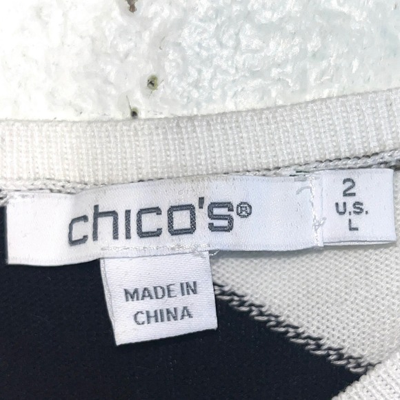 Chico's Geometric Intarsia Knit Top Short Sleeve Boat Neck Navy Magenta Size 2 L - Picture 4 of 9